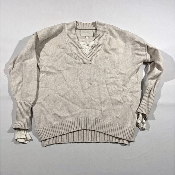 BROCHU WALKER Women’s Sweater Knit Ivory Cotton Cashmere Layered V Neck Sz M - Picture 1 of 10